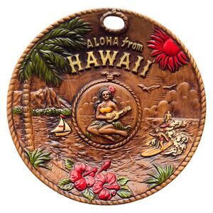 Vintage 1960s Aloha from Hawaii Tiki Hula Hibiscus Textured 8" Decorative Plate